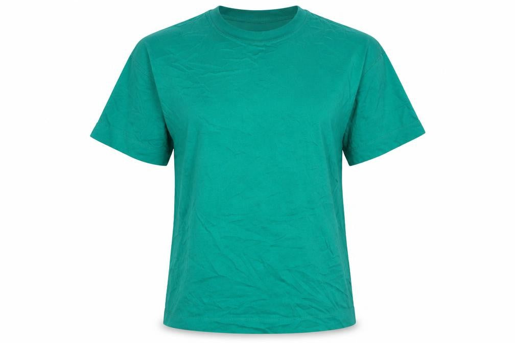 Front view of Bershka women’s green cotton basic t-shirt, size XS, round neck