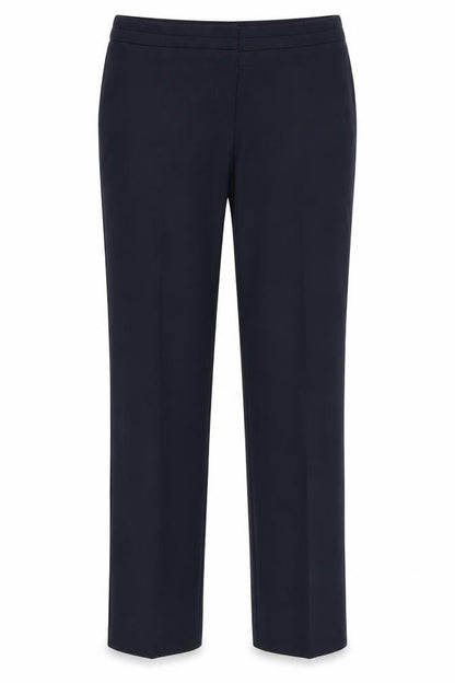 Front view of Bonmarché women’s blue polyester dress pants trousers, size UK 12, 28-inch leg regular