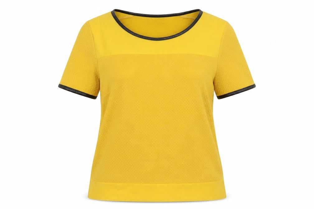Front view of Oasis women’s yellow polyester basic t-shirt, size M, round neck - faux leather detail