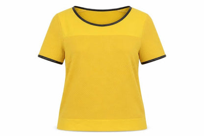 Front view of Oasis women’s yellow polyester basic t-shirt, size M, round neck - faux leather detail