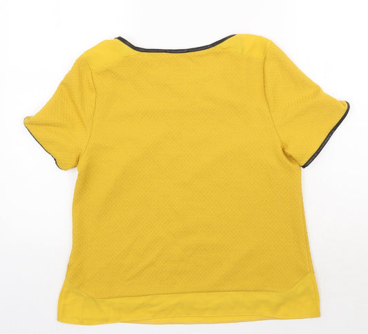 Oasis Womens Yellow  Polyester Basic T-Shirt Size M Round Neck - Faux Leather Detail
