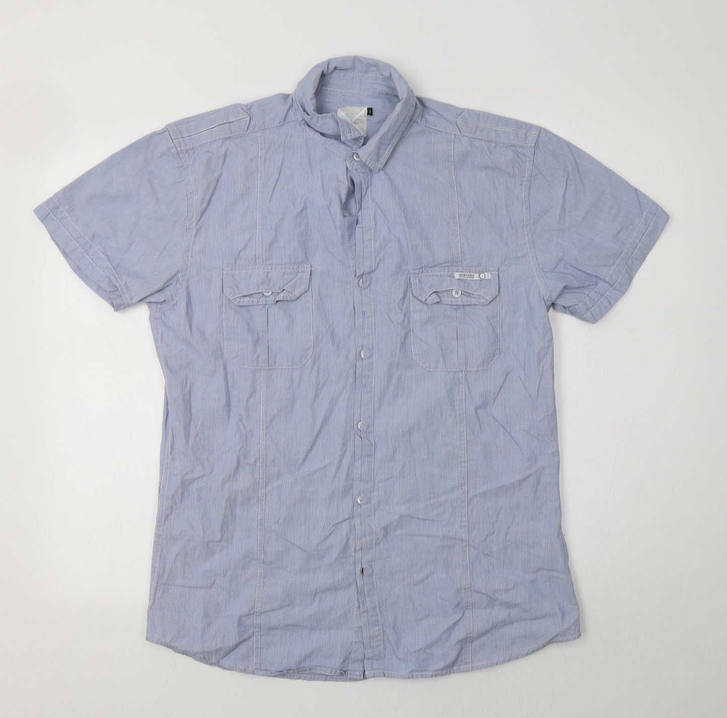 Mens UK Size L Crafted Blue  Button-Up Short Sleeve Casual Shirt