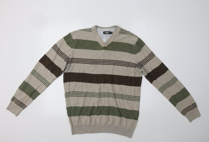 BHS Mens Beige V-Neck Striped Cotton Pullover Jumper Size M