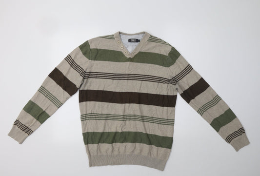 BHS Mens Beige V-Neck Striped Cotton Pullover Jumper Size M