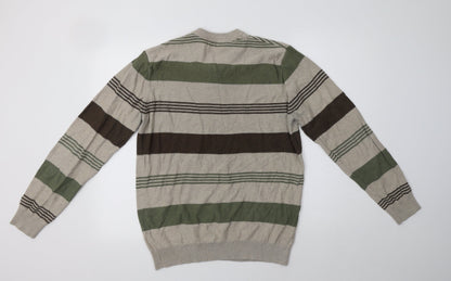 BHS Mens Beige V-Neck Striped Cotton Pullover Jumper Size M