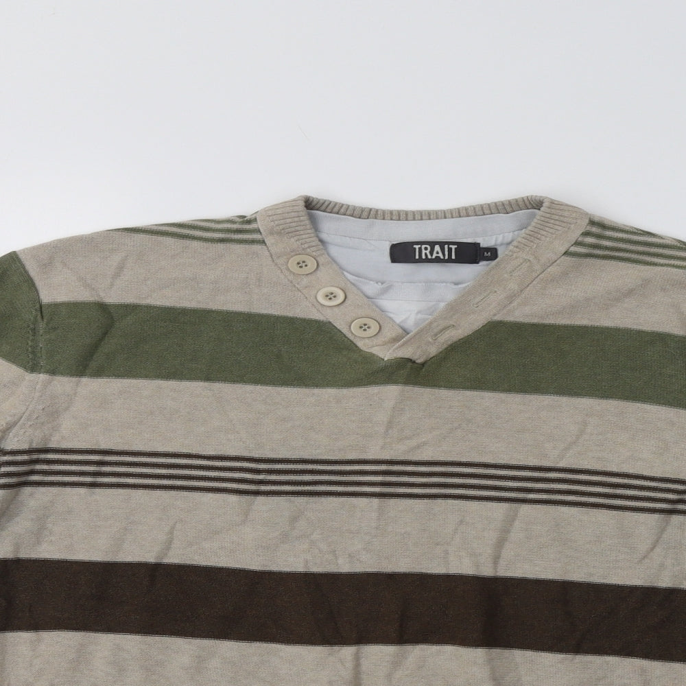 BHS Mens Beige V-Neck Striped Cotton Pullover Jumper Size M