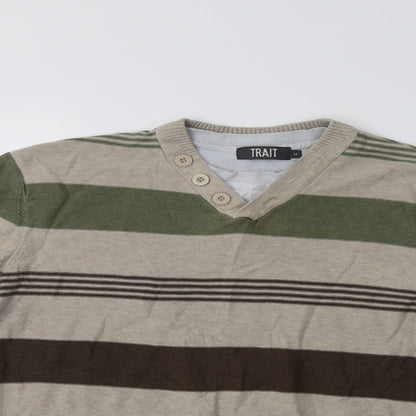 BHS Mens Beige V-Neck Striped Cotton Pullover Jumper Size M