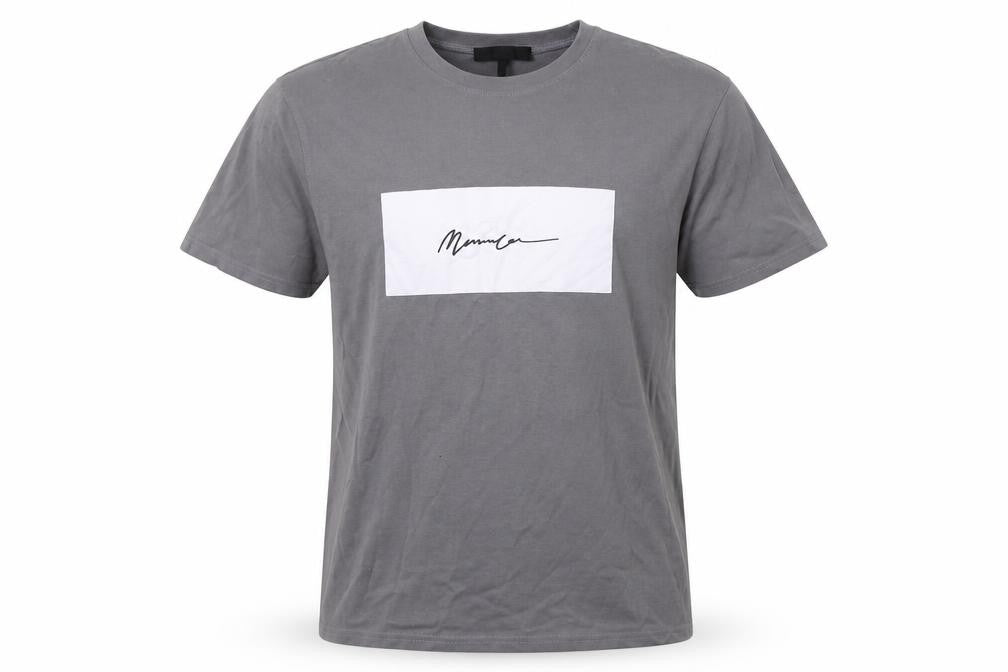 Front view of Mennace men’s grey cotton t-shirt, size S, crew neck