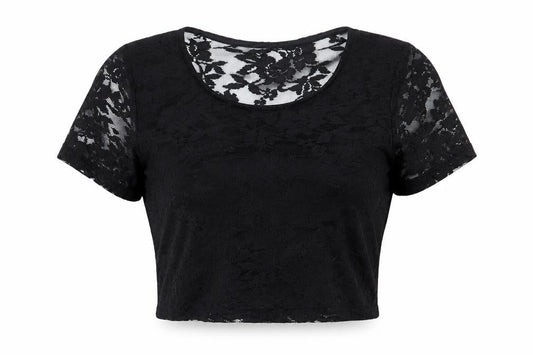 Front view of Atmosphere women’s black floral polyester basic blouse, size UK 10, round neck - lace overlay