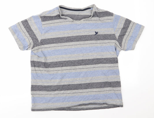 George Mens Blue Striped Cotton  T-Shirt Size M V-Neck  - Blue Grey