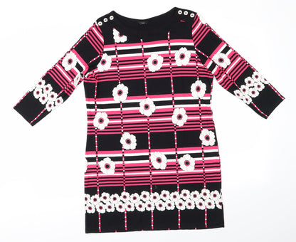 M&Co Womens Black Floral Viscose A-Line  Size 12  Round Neck  - White Flowers Pink Stripes