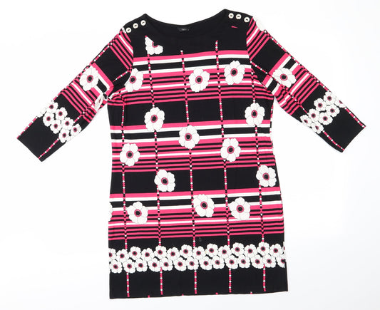 M&Co Womens Black Floral Viscose A-Line  Size 12  Round Neck  - White Flowers Pink Stripes