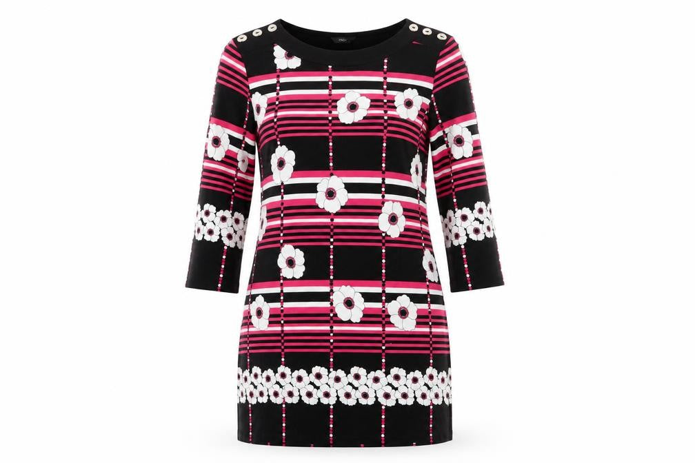 Front view of M&Co women’s black floral viscose a-line, size UK 12, round neck - white flowers pink stripes