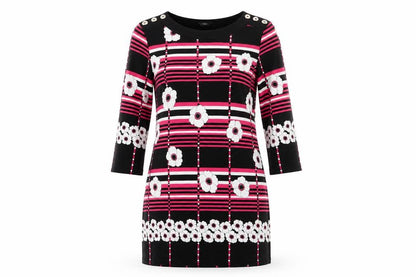 Front view of M&Co women’s black floral viscose a-line, size UK 12, round neck - white flowers pink stripes
