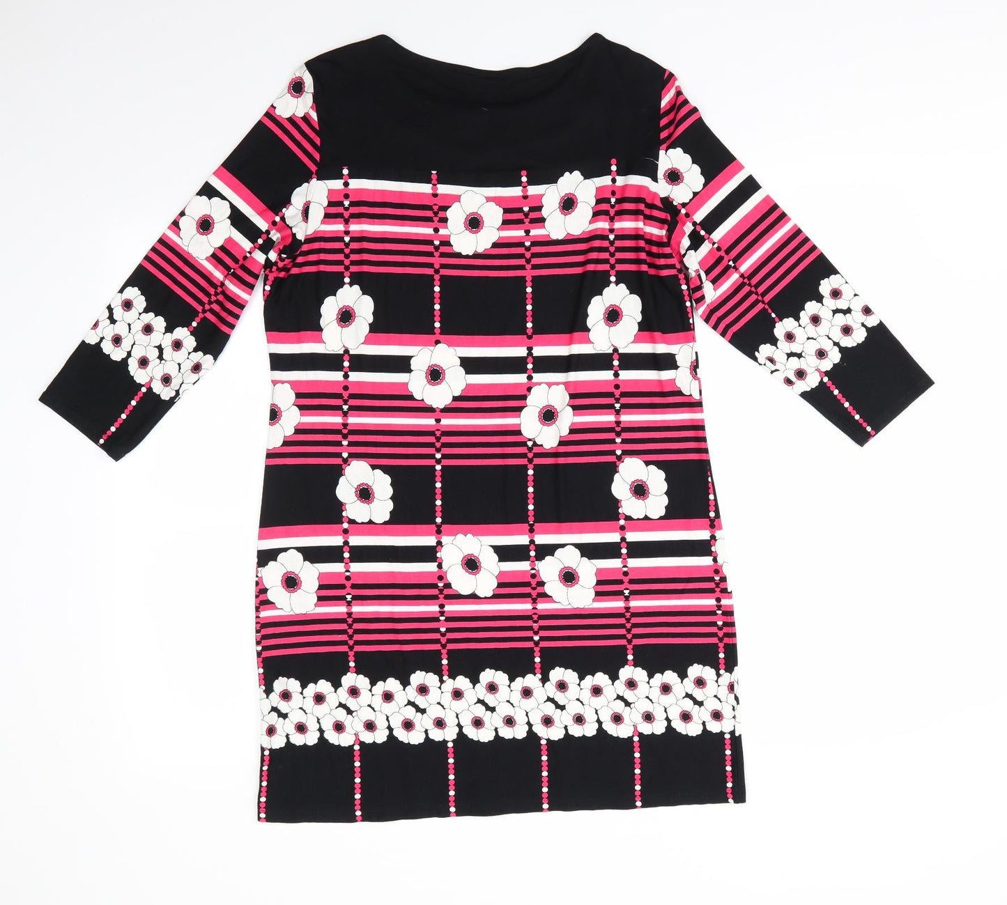 M&Co Womens Black Floral Viscose A-Line  Size 12  Round Neck  - White Flowers Pink Stripes