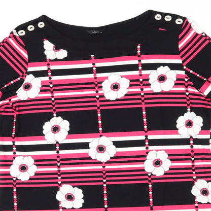 M&Co Womens Black Floral Viscose A-Line  Size 12  Round Neck  - White Flowers Pink Stripes