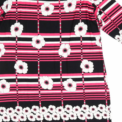 M&Co Womens Black Floral Viscose A-Line  Size 12  Round Neck  - White Flowers Pink Stripes