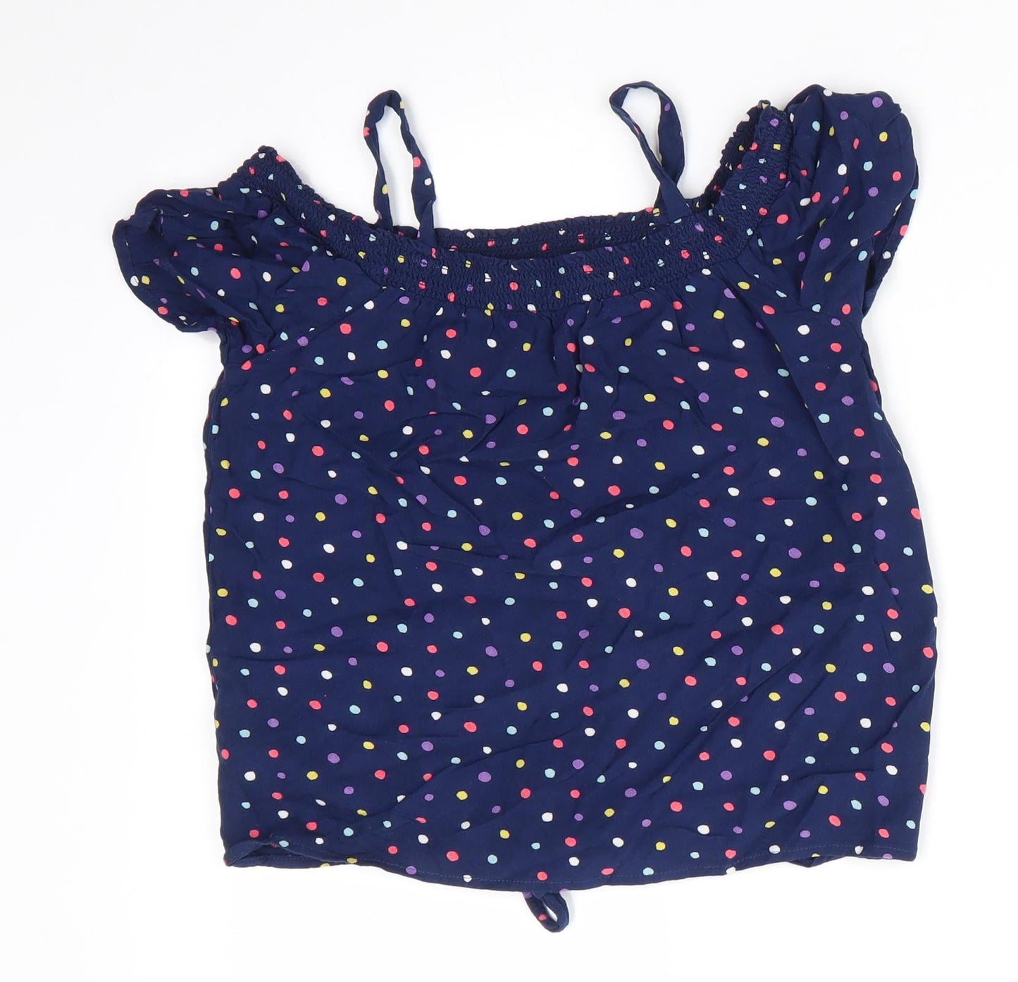 NEXT Girls Blue Polka Dot Viscose Basic Blouse Size 8 Years Off the Shoulder  - Tie Front Off Shoulder with straps Multi Colour Polka dots