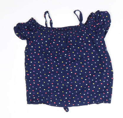 NEXT Girls Blue Polka Dot Viscose Basic Blouse Size 8 Years Off the Shoulder  - Tie Front Off Shoulder with straps Multi Colour Polka dots