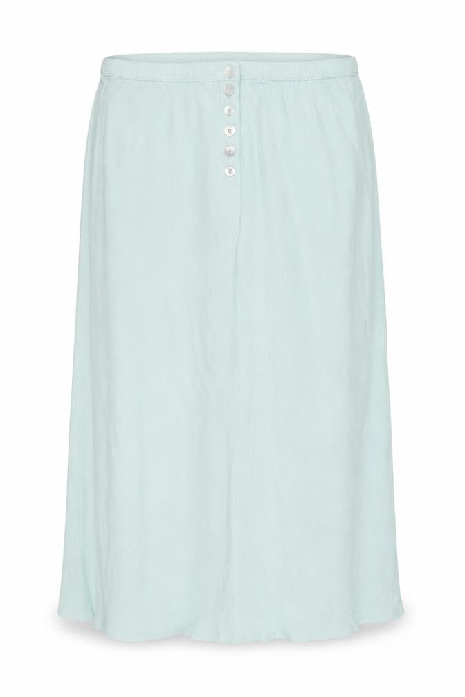 Front view of Preworn women’s blue viscose a-line skirt, size UK 30, in