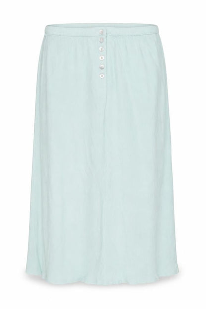 Front view of Preworn women’s blue viscose a-line skirt, size UK 30, in