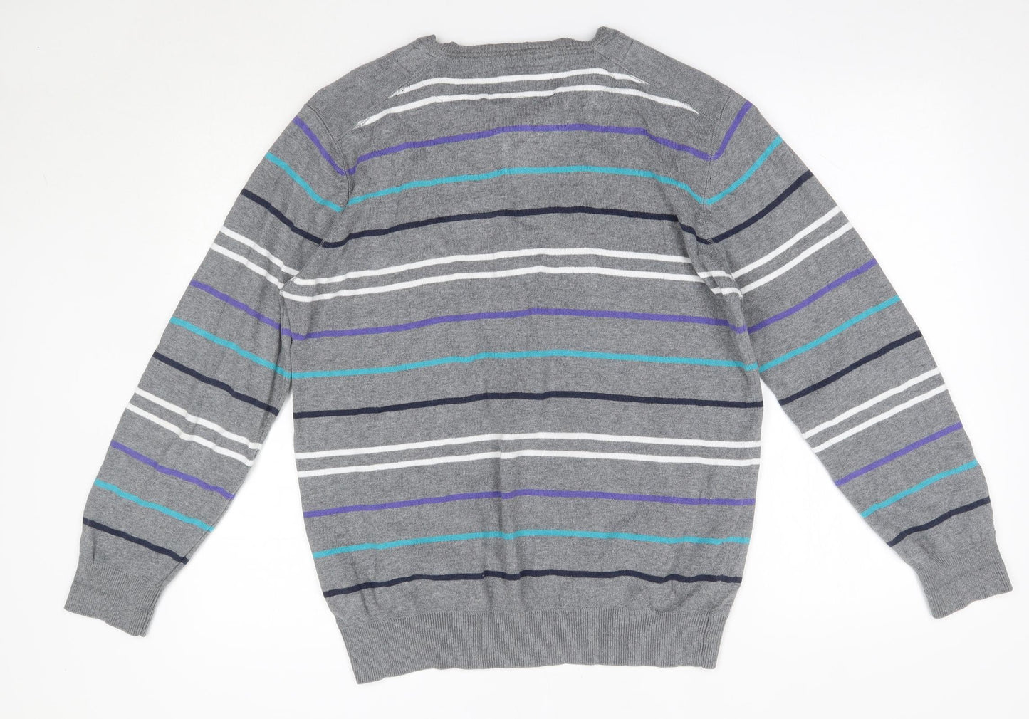 Matalan Mens Grey Round Neck Striped Cotton Pullover Jumper Size L