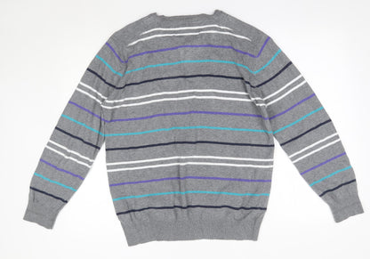 Matalan Mens Grey Round Neck Striped Cotton Pullover Jumper Size L