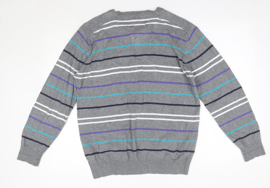 Matalan Mens Grey Round Neck Striped Cotton Pullover Jumper Size L