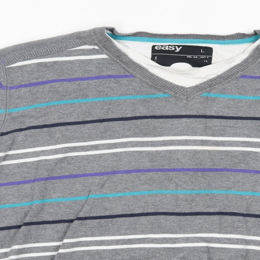 Matalan Mens Grey Round Neck Striped Cotton Pullover Jumper Size L