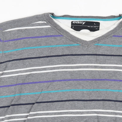 Matalan Mens Grey Round Neck Striped Cotton Pullover Jumper Size L