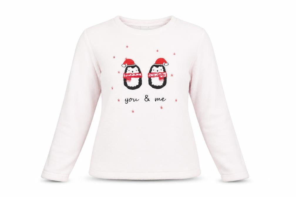Front view of Matalan women’s pink solid polyester pyjama top, size S, - you & me penguins