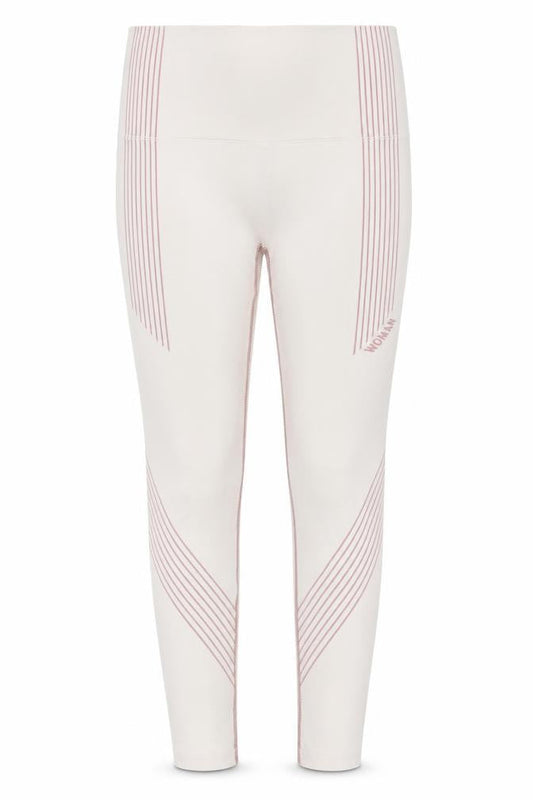 Front view of Boohoo women’s pink striped polyester leggings, size M, 29-inch leg