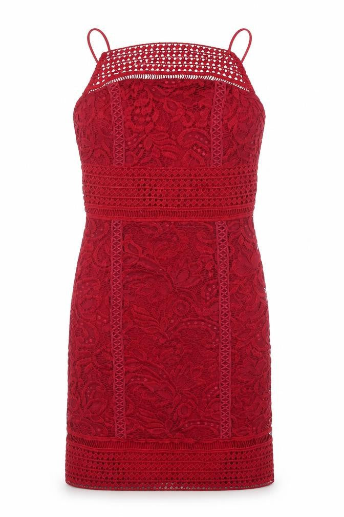 Front view of Topshop women’s red floral polyester pencil dress, size UK 8