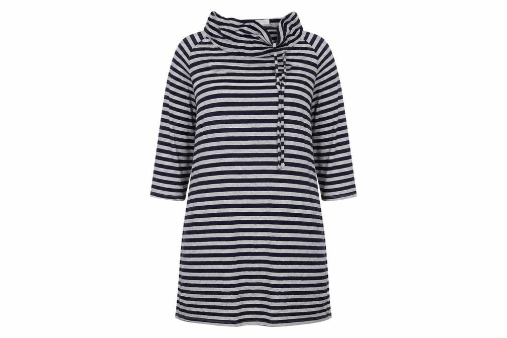 Front view of Roman women’s multicoloured striped viscose t-shirt dress, size L, boat neck
