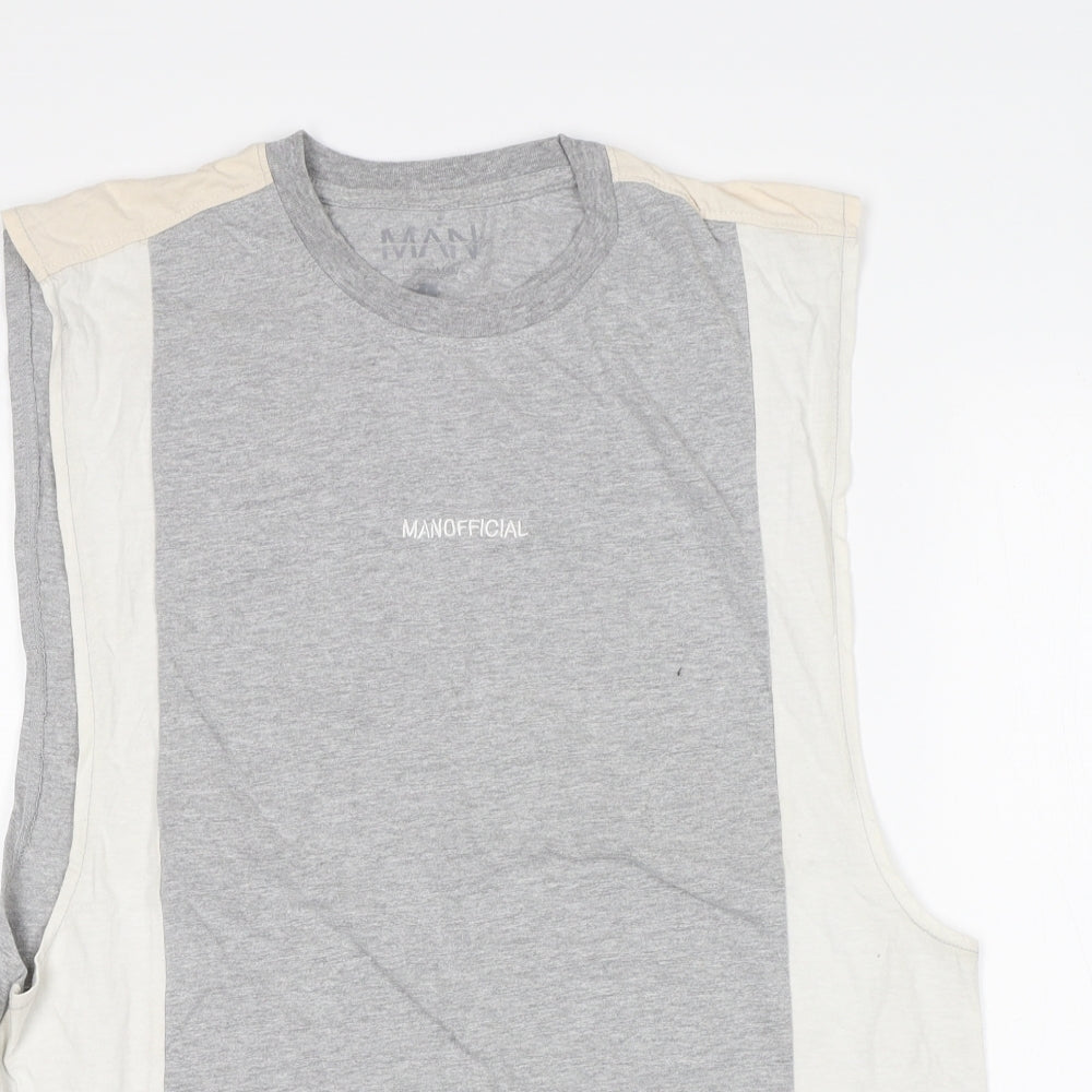Close-up detail of boohooMAN men’s multicoloured cotton basic tank, size L, round neck