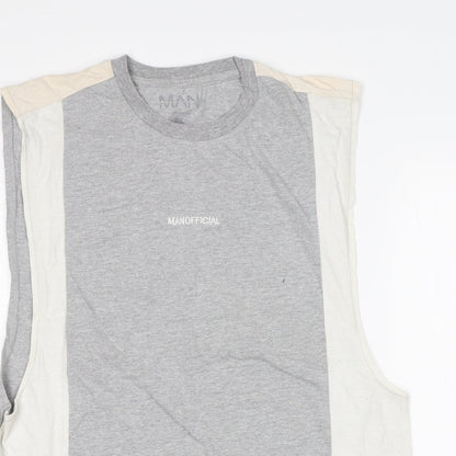 Close-up detail of boohooMAN men’s multicoloured cotton basic tank, size L, round neck