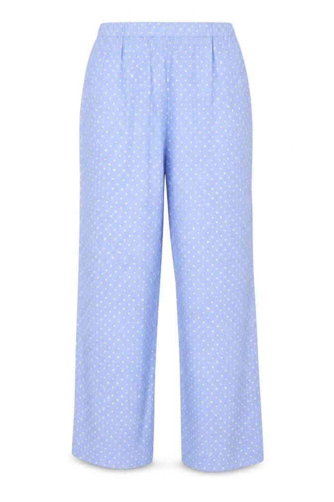 Front view of Marks & Spencer women’s blue polka dot cotton trousers, size UK 12, 26-inch leg regular