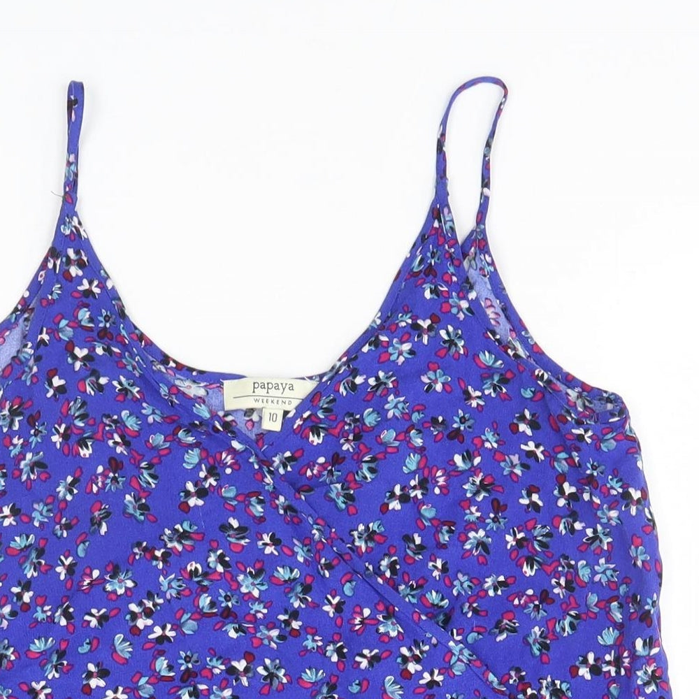 Papaya Womens Blue Floral Viscose Basic Tank Size 10 Halter