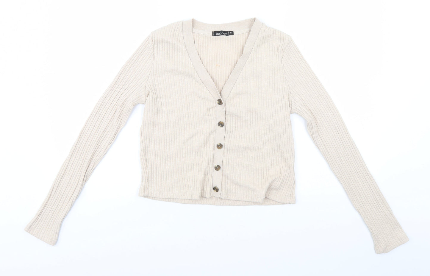 Boohoo Womens Beige V-Neck Striped Polyester Cardigan Jumper Size M