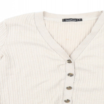 Boohoo Womens Beige V-Neck Striped Polyester Cardigan Jumper Size M