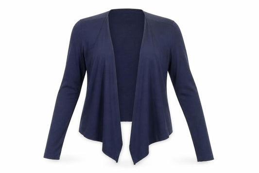 Front view of originals women’s blue round neck polyester cardigan jumper, size UK 10