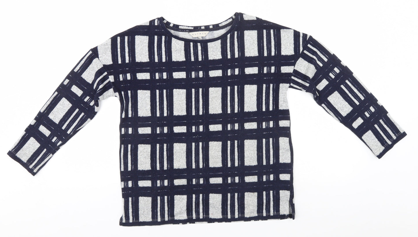 Nutmeg Womens Blue Round Neck Plaid Polyester Pullover Jumper Size 8