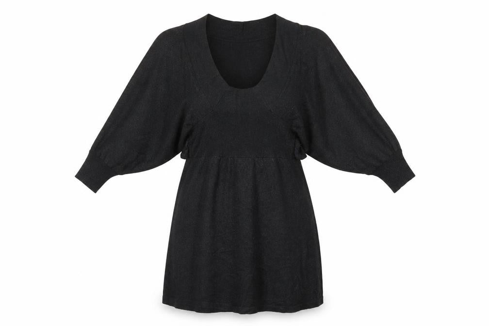 Front view of women’s black viscose a-line, size S, round neck
