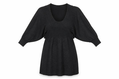 Front view of women’s black viscose a-line, size S, round neck