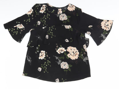 AX Paris Womens Black Floral Polyester Basic T-Shirt Size 8 Round Neck