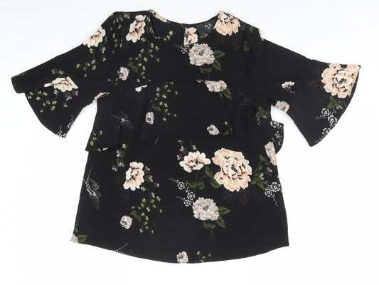 AX Paris Womens Black Floral Polyester Basic T-Shirt Size 8 Round Neck