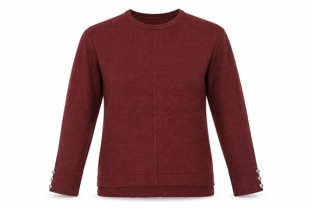 Front view of Pep&Co Pep and Co women’s red round neck acrylic jumper, size UK 10, - button sleeve detail