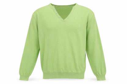 Front view of Denim Seventy Three men’s green v-neck cotton jumper, size L