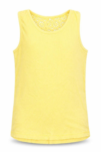 Front view of George girls’ yellow cotton basic tank, size 7-8, years round neck - back lace insert