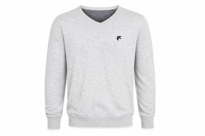 Front view of Racing Green men’s grey v-neck cotton jumper, size M, - pale grey bird graphic